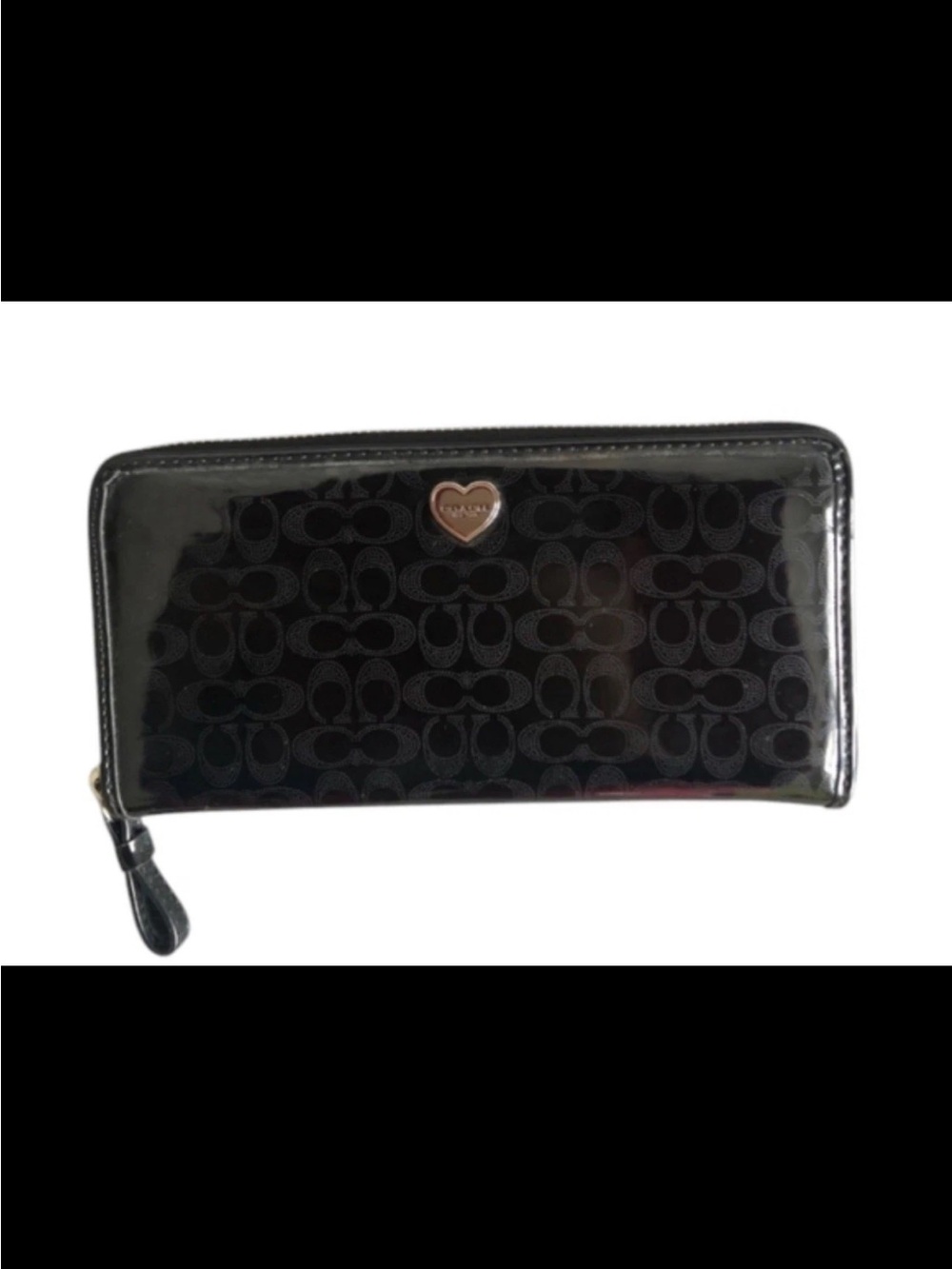 Coach Black Patent Signature Zip-Around Wallet with Heart Emblem